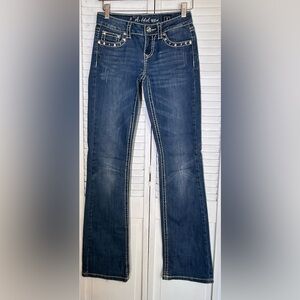 LA Idol low rise bootcut studded embroidered blue jeans juniors size 1 long tall